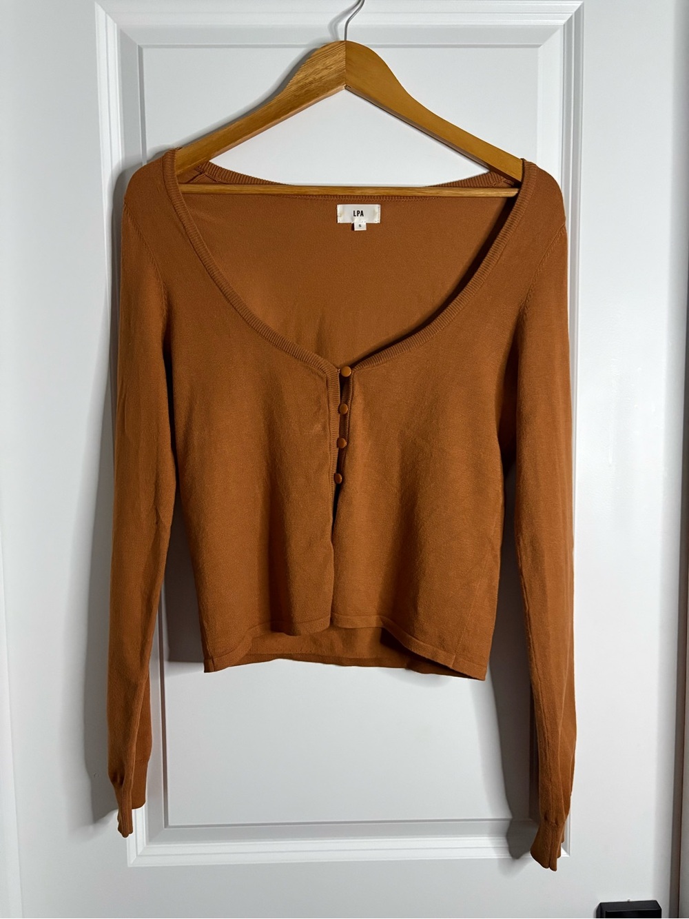LPA Rust Brown Scoop Neck Button-Front Long Sleeve Top